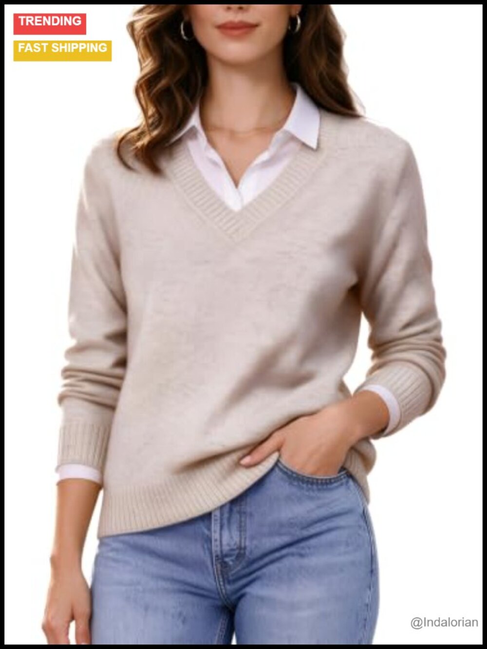100% Merino Wool V-Neck Sweater Long Sleeve Fitted Knit Pullover